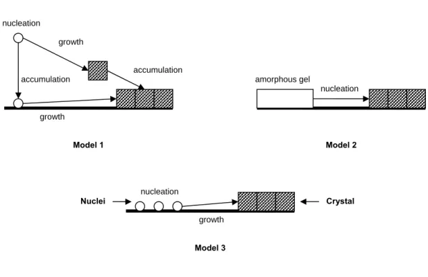 Figure 2.3  Models of zeolite and zeolite-based film formation for in situ synthetic  techniques 