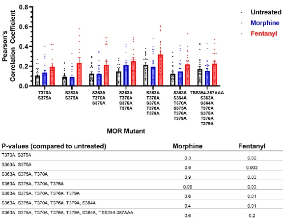 Figure 5.5 MOR mutants and their Pearson’s correlation co-efficients with early  endosomes after agonist treatment