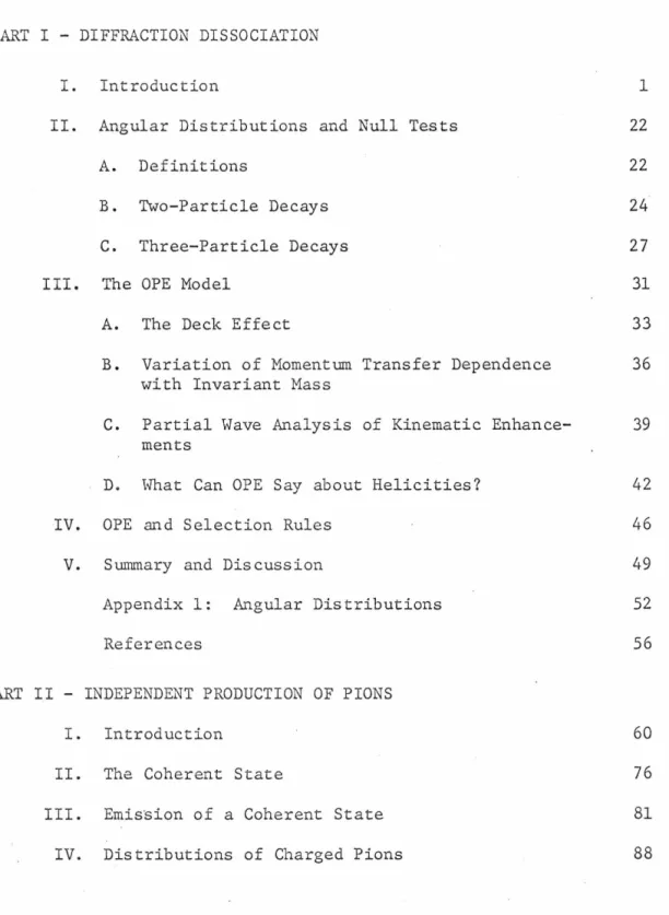 TABLE  OF  CONTENTS  PART  I  - DIFFRACTION  DISSOCIATION 