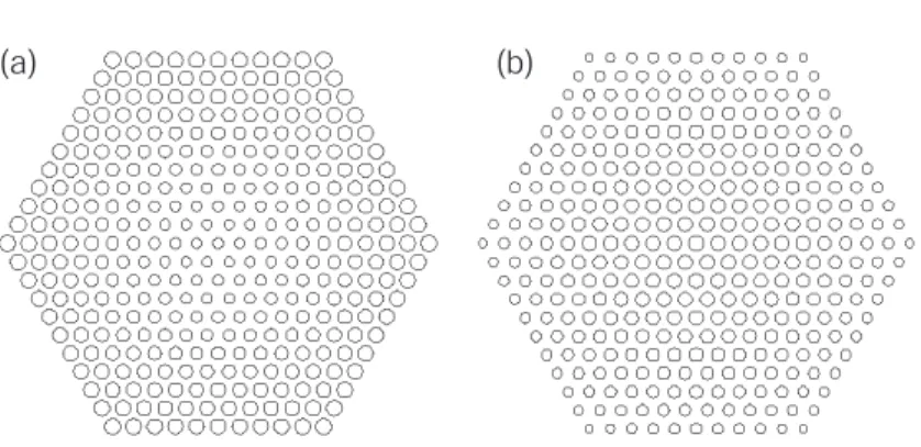 Figure 1.16: (a) Graded hexagonal lattice donor-type cavity, (b) graded hexagonal lattice acceptor- acceptor-type cavity (parameters are given in table 1.4).