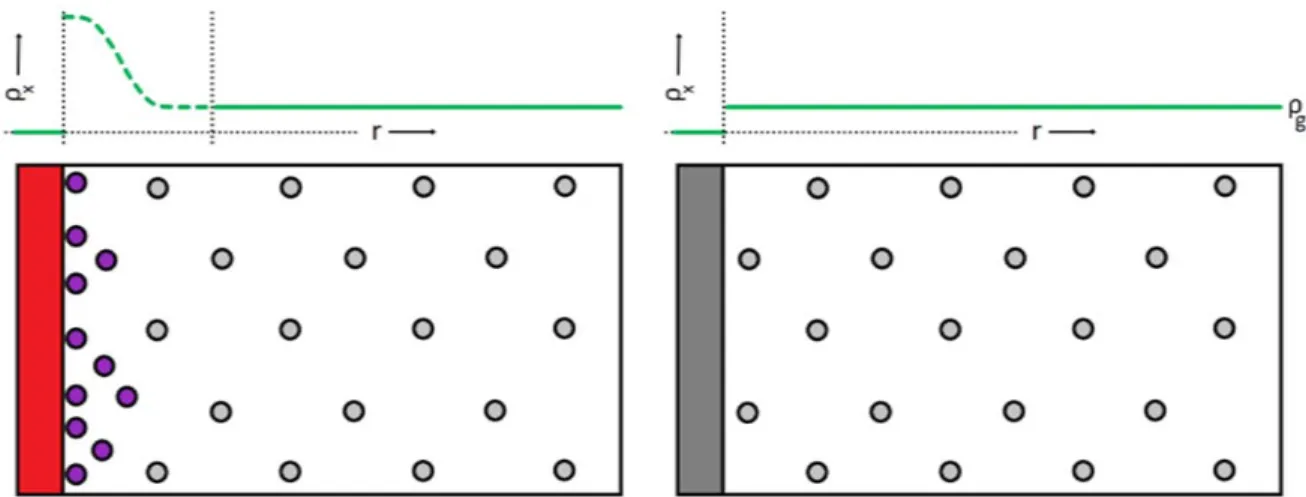 Figure 2.3. A simplified representation of a gas‐solid adsorption system (left) and a non‐