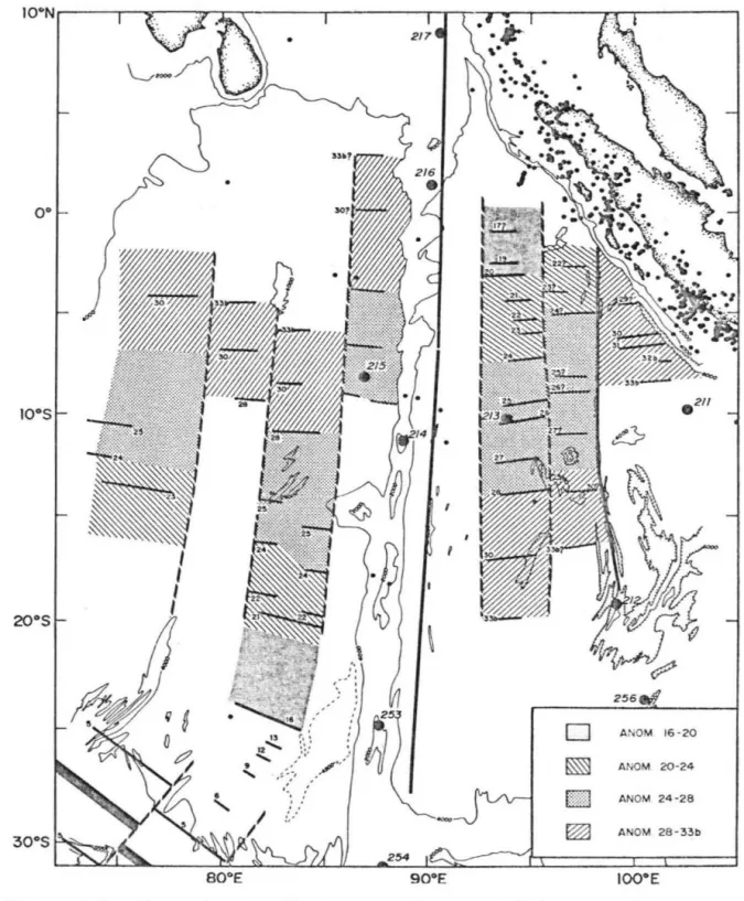 Figure  2 . 2 .  Hagnetie  anomalies  in  th e  Ninetyeast  Ridge  area  from  Sclater  and  Fisher  [1974)