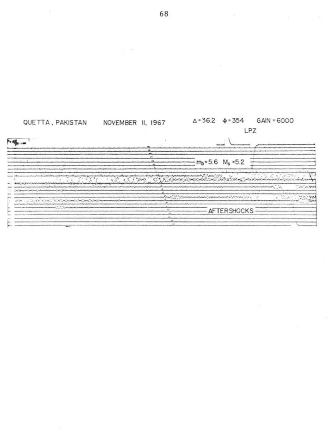 Figure  3. 4 .  Long  perio d  vertical  seismogram  a t  QUE ,  shm,ing  earth- earth-quakes  of  Novem ber  II,  1967