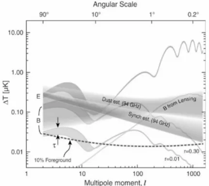 Figure 2.1: Predicted polarization power spectra of the CMB. E-modes, already detected, are shown as the upper curve