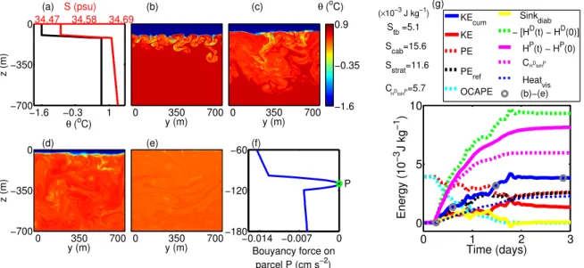 Figure 2.5: As Figure 2.2, except panel (f), for a stratified simulation with cabbeling included in the EOS