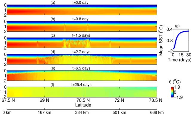 Figure 3.4: (a)-(f) The snapshots of ✓ field in our eddy-resolving two-dimensional simulation of TCC events in North Atlantic at about the end of HS1 ( ⇠ 6 o W and 67.5 o -73.5 o N; 14.536 ka)