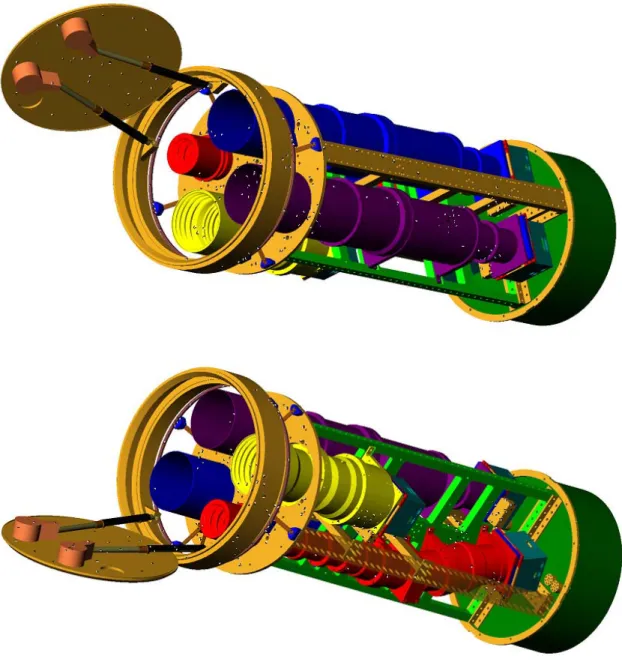 Figure  2.3.11  Schematic  of  CIBER  with  the  instruments  (Top,  Imager  side;  Bottom,    Spectrometer  side).  The  LRS  is  shown  in  red,  the  NBS  in  yellow,  the  H‐band  Imager  in  purple,  and  the  I‐band  Imager  in  blue.  Note  that,  f