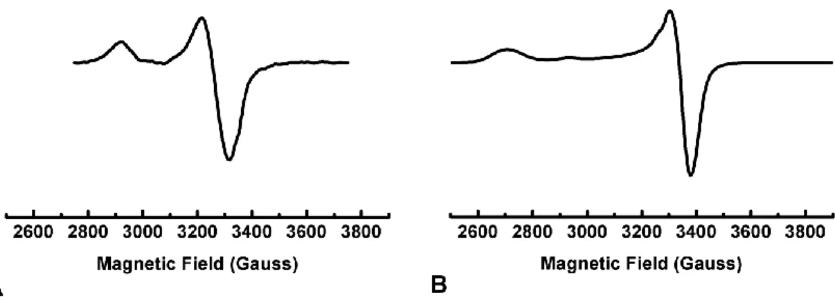 Figure 6.1. X-Band EPR spectra of: (A) Complex 4.1 and (B) (TPB)FeN 2 SiMe 3 .   Conditions for (A) 77 K, 2-MeTHF, 9.39 GHz