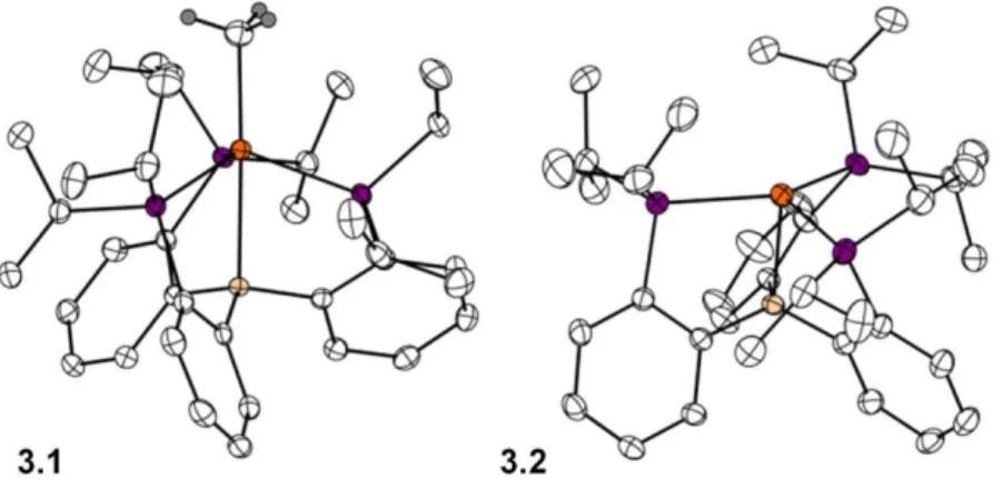 Figure  3.1.    XRD  structures  of  complexes  3.1  and  3.2  with  ellipsoids  at  50%