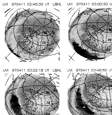 Fig. 2. Series of ultraviolet images from the POLAR satellite, depicting auroral intensifications during the April 11, 1997 substorm courtesyŽof G
