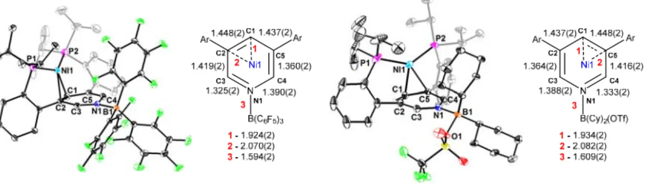 Figure 4. Solid-state structures and selected bond metrics for 2Ni-B(C 6 F 5 ) 3  and 2Ni- 2Ni-BCy 2 OTf