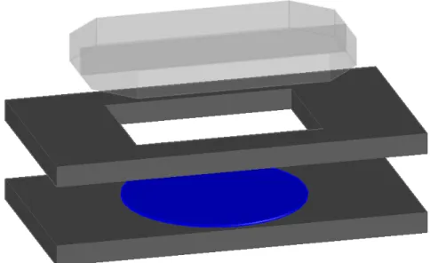 Figure   1:   3D   model   of   aluminum   casing   to   make   flat-­‐top   PDMS.   The   wafer   is   colored   blue   and   is   placed   in   between   the   two    aluminum   blocks   (colored   dark-­‐gray)