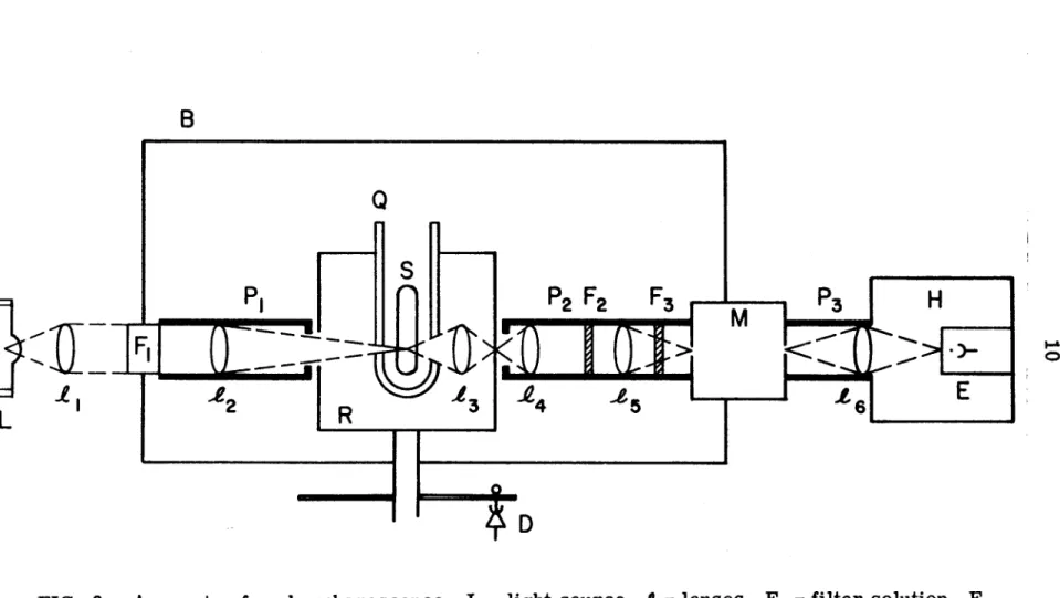 FIG.  3.  Apparatus  for  phosphorescence.  L  =light source,  t  =lenses,  F 1  =filter solution,  F 2 ,  F 3  =Corning glass filters,  P  =light-tight pipes with baffles,  R  =rotating cylinder, 