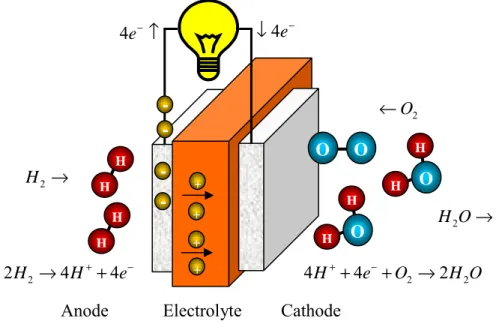 Figure 1.5. Schematic of fuel cell including an anode, a cathode and an electrolyte. 
