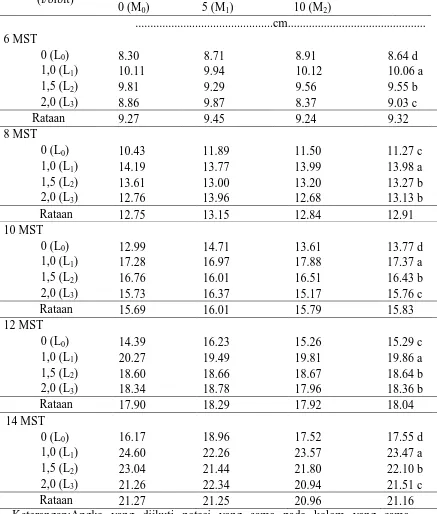 Tabel 3. Rataan tinggi bibit 6-14 MST pada berbagai dosis pemberian  limbah cair pabrik kelapa sawit dan FMA 