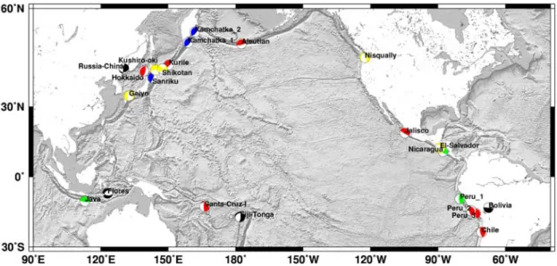 Figure 4.2 Map showing the location and focal mechanism of 23 large (mostly  )  subduction zone earthquakes studied here