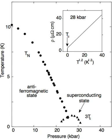 Figure 1.4: P − T phase diagram of CePd 2 Si 2 [21]. T N , the antiferromagnetic transition temperature, is suppressed by pressure