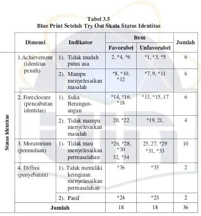 Tabel 3.5Blue Print Setelah Try Out Skala Status Identitas