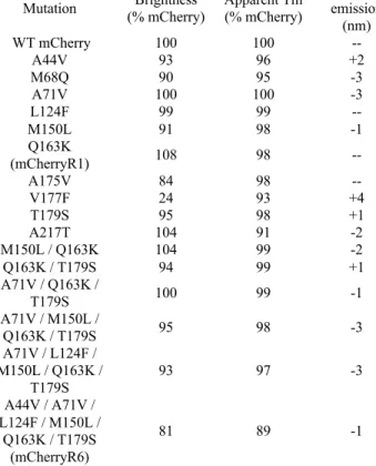 Table  2.  mCherry  Core  Reversion  Variants  This  table  lists  changes  to  peak  emission  wavelength,  brightness,  and  thermostability  as  the  result  of  reversion  mutations  to  mCherry’s core