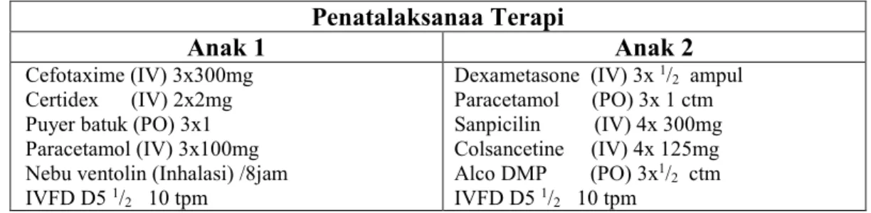Tabel  4.8  Penatalaksanaan  Terapi  Pasien  Anak  dengan  Bronkopneumonia  di  RS  Samarinda Medika Citra 