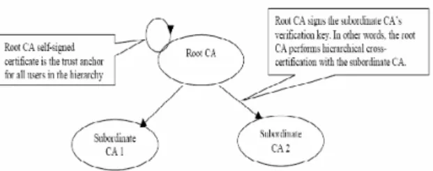 Fig. 1. Hierarchical Cross-Certification Between a root (autonomous) CA and sub- sub-ordinate (non-autonomous) CAs 