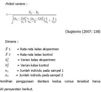 tabel menggunakan dk = n1 + n2 – 2 