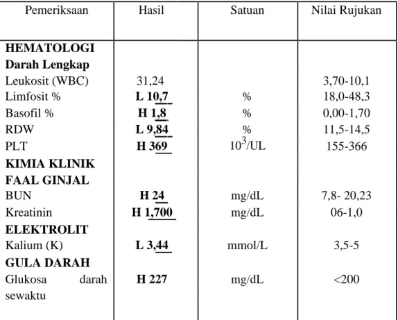 Tabel  3.1  Hasil  pemeriksaan  laboratorium  pada  Ny  F  dengan  diagnosa  medis  Bronkitis  dan  DM  di  Ruang  Melati  RSUD  Bangil  Pasuruan  (22  Desember 2018) 