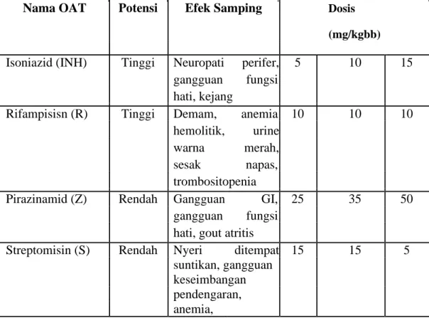 Tabel 2.1 Nama Obat anti Tuberkulosis Paru (Yunita, 2013)  Nama OAT  Potensi  Efek Samping  Dosis 