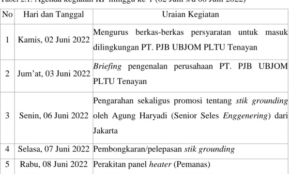 Tabel 2.2. Agenda kegiatan KP minggu ke-2 (09 Juni s/d 15 Juni 2022) 