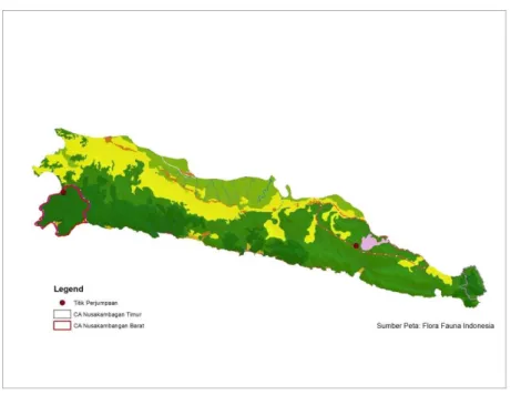 Gambar 9. Peta distribusi Elang Jawa di Nusakambangan mulai dari Tahun 2013 