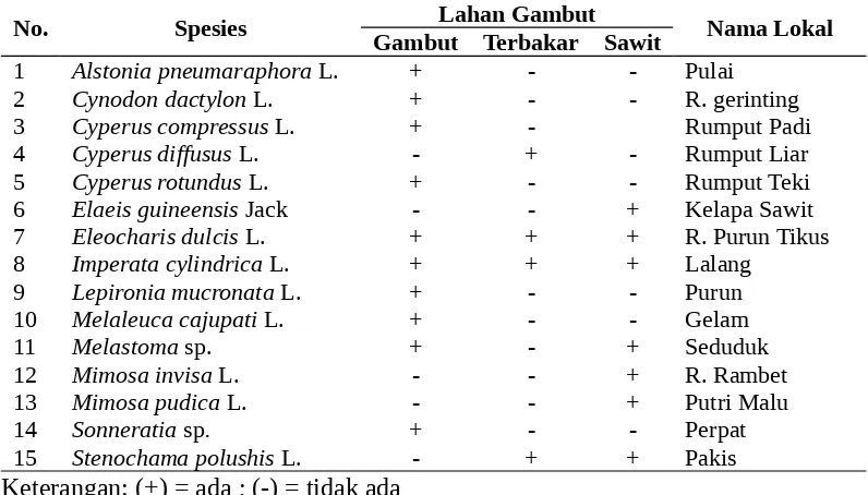 Tabel 1. Spesies Tumbuhan pada Berbagai Lahan Gambut di Sumatera Selatan