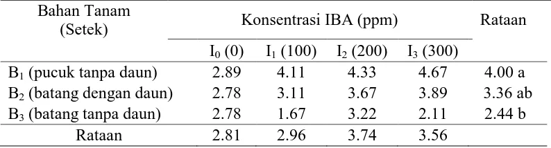 Tabel 1. Jumlah tunas (unit) bibit jeruk nipis pada berbagai bahan tanam dan konsentrasi IBA umur 14 MST Bahan Tanam 