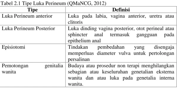 Tabel 2.1 Tipe Luka Perineum (QMaNCG, 2012)