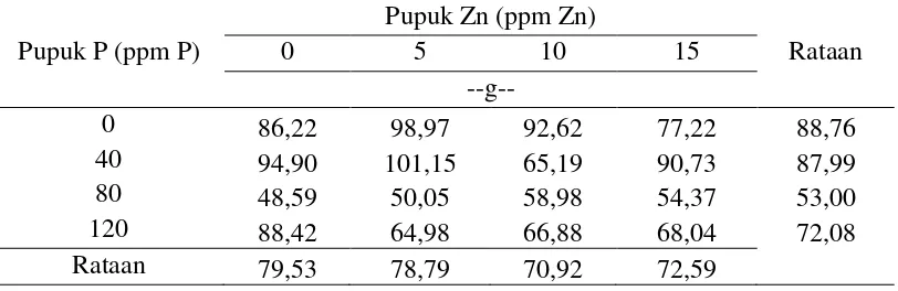 Tabel 5. Bobot kering tajuk (g) akibat pemberian pupuk P dan Zn dalam berbagai dosis 