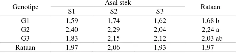 Tabel 10. Diameter batang 12 MST (cm) dengan perlakuan genotipe dan asal stek 