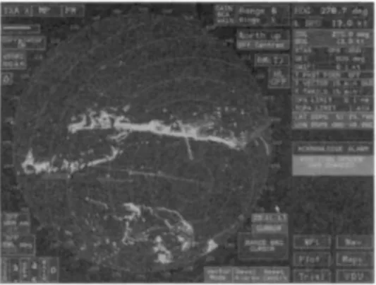 Figure 3.13 Display including radar data only: coastlines, targets (some with trails), offset with range rings, heading marker and copious  alpha-numeric information