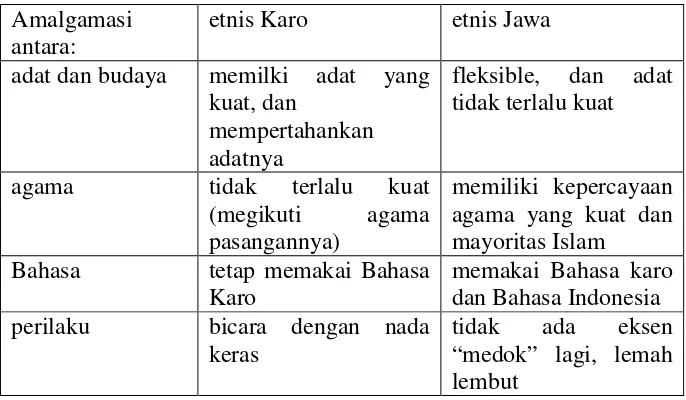Tabel 4.8 Amalgamasi Etnis Karo Dan Etnis Jawa 
