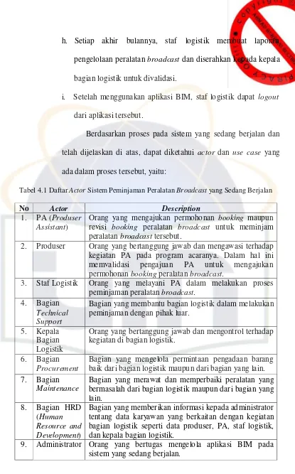 Tabel 4.1 Daftar Actor Sistem Peminjaman Peralatan Broadcast yang Sedang Berjalan 