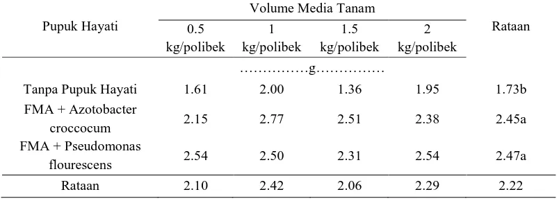 Tabel 5. Bobot basah akar bibit kelapa sawit dengan perlakuan pupuk hayati             dan volume media tanam pada umur pengamatan 18 MST  