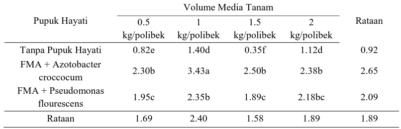 Tabel 7. Bobot kering akar bibit kelapa sawit dengan perlakuan pupuk hayati             dan volume media tanam pada umur pengamatan 18 MST  