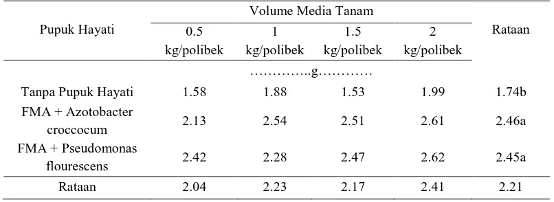 Tabel 8. Bobot kering tajuk bibit kelapa sawit dengan perlakuan pupuk hayati             dan volume media tanam pada umur pengamatan 18 MST  