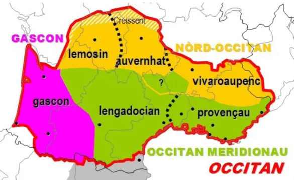 Figure 2.  “Dialectes de l’occitan selon Pierre Bec”. September 2009.  Revue Linguistica  Occitana