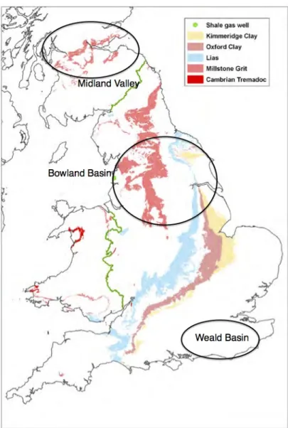 Figure   4.3   UK   shale   gas   basins.   This   map   outlines   the   shale   and   clay   formations   throughout   the   UK   that   hold    the   potential   to   produce   shale   gas   (BGS,   2011a)