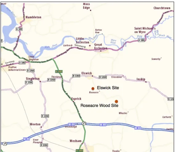 Figure   5.2   Elswick   map.   Shows   the   two   well   sites   owned   and   operated   by   Cuadrilla   which   are   located   in   close    proximity   to   Elswick   (Base   map:   Michelin   Map   of   United   Kingdom)