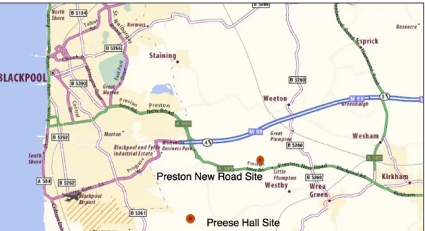 Figure   5.3   Blackpool   map.   shows   the   location   of   the   Preese   Hall   and   Preston   New   Road   well   sites   operated   by    Cuadrilla   in   proximity   to   the   city   of   Blackpool   (Base   map:   Michelin   Map   of   United  