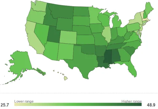 Figure 2.1. Percent Conservative Respondents (by state), State of the States (Gallup 2014)