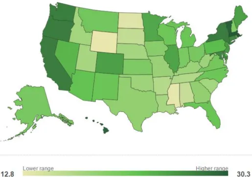 Figure 2.2. Percent Liberal Respondents (by state), State of the States (Gallup 2014)