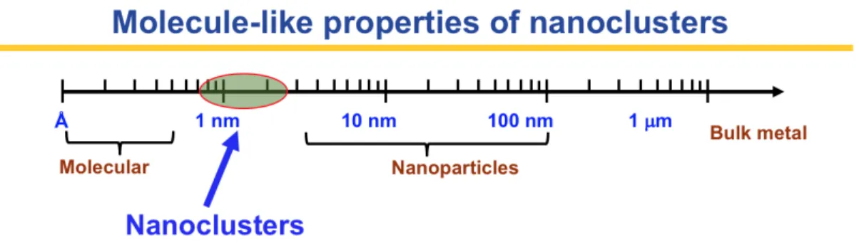 Figure  2  Size  range  of  molecules  to  clusters  to  particles  to  bulk. 7  The  above  figure  shows the size differentiation between molecules, clusters and particles