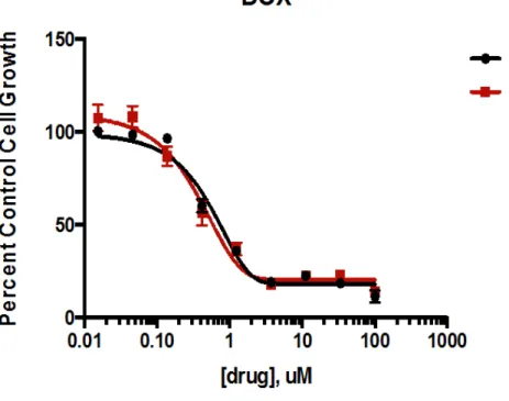 Figure 6: Doxorubicin concentration comparison for CM-DiI labeled (dye) and  unlabeled (no dye) MCF-7 adenocarcinoma cells