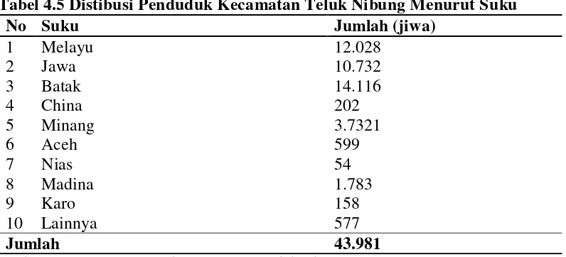 Tabel 4.5 Distibusi Penduduk Kecamatan Teluk Nibung Menurut Suku  